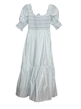 Dondolo Dress Womens XS Maxi White Blue Swiss Dot Smocked Cottagecore Prairie
